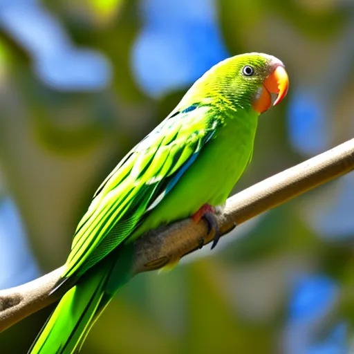 

This image shows a vibrant green parakeet perched on a branch, looking up towards the sky. Its feathers are ruffled, suggesting it is ready to take flight. The image captures the beauty and freedom of these birds, and is