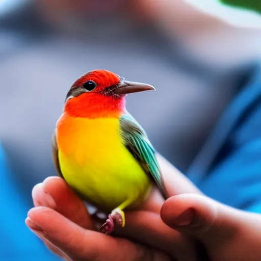 

An image of a person holding a small bird in their hand, looking at it with admiration and care. The bird is brightly colored and has its wings spread out. The image conveys the joy and satisfaction of aviculture, the art of