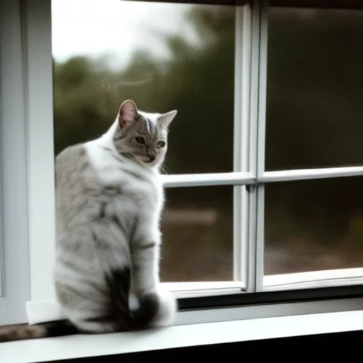 

The image is of a white and gray tabby cat sitting in a window sill, looking out into the world with a curious expression. The cat appears to be intently observing its surroundings, suggesting that it is attempting to understand the environment around