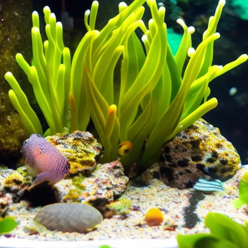 

This image shows a close-up of a small, colorful fish swimming in a tank filled with plants and rocks. The fish has a unique pattern of stripes and spots, and its bright colors make it an attractive addition to any home aquarium.