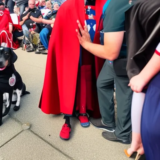 

This image shows a smiling service dog wearing a red cape and a medal around its neck. The dog is standing in front of a crowd of people, who are applauding and cheering in appreciation of its heroic service. The image celebrates the hard