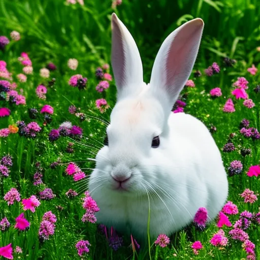 

A close-up image of a white rabbit with its ears perked up, looking directly at the camera. The rabbit is surrounded by a bed of soft, green grass and a few colorful flowers, creating a peaceful and serene atmosphere.