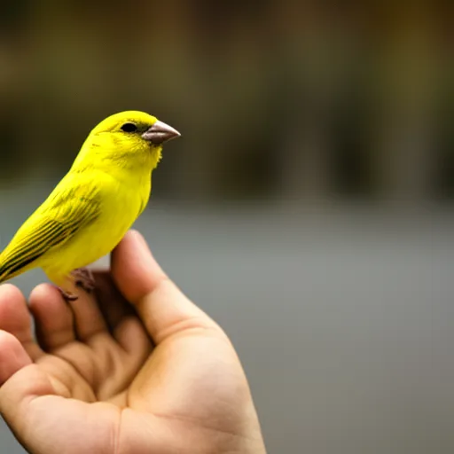 

This image shows a person holding a bright yellow canary in their hands. The canary is perched on the person's finger, looking content and healthy. The image conveys the joy and satisfaction that comes with owning a pet canary,
