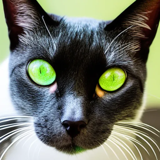 

A close-up image of a black and white cat with its head tilted to the side, looking directly at the camera with its bright green eyes. The cat appears content and curious, with its ears perked up and its mouth slightly open