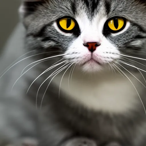 

This image shows a close-up of a gray and white cat looking directly at the camera with its big, round, yellow eyes. Its fur is soft and fluffy, and its ears are perked up in an alert posture. The cat