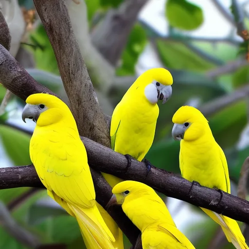 

This image shows a group of Sulphur-crested Cockatoos perched in a tree. The birds have bright yellow feathers and distinctive white crests on their heads. They are native to Australia and New Guinea and are known for
