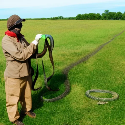 

This image shows a person standing in a grassy field, looking at a snake that is coiled up in the grass. The person is wearing protective clothing and is holding a snake-catching tool. The image illustrates the article by showing how