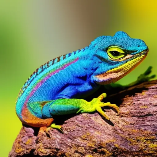 

This image shows a close-up of a colorful lizard perched on a branch. Its vibrant colors of yellow, green, and blue are highlighted against the brown bark of the branch. The lizard's coloration is a testament to its ability to