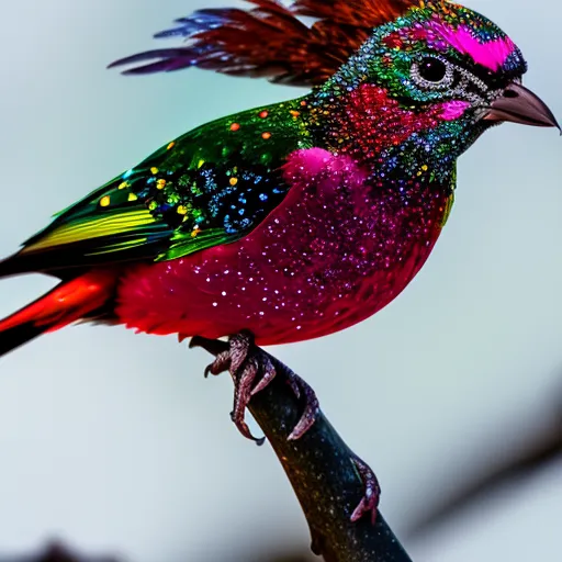 

This image shows a close-up of a brilliantly colored diamond bird perched on a branch, its feathers shimmering in the light. Its beak is open, revealing a dazzling array of sparkling gems inside. The image captures the beauty and mystery
