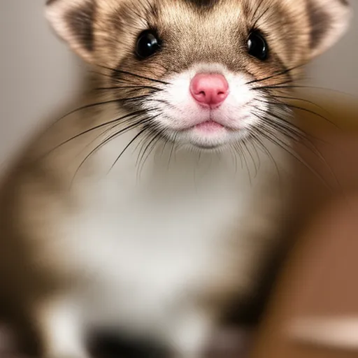 

An image of a ferret looking up at the camera with its head tilted to one side, its ears perked up and its mouth slightly open. The ferret appears to be curious and attentive, as if it is trying to understand something