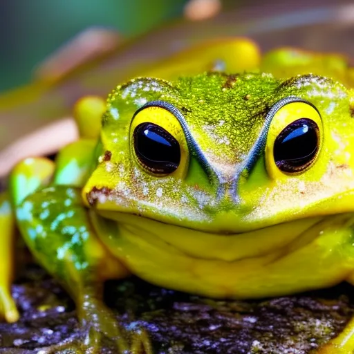 

An image of a bright yellow frog perched atop a green leaf, with its eyes closed and its mouth open in a wide grin. The frog's vibrant yellow color stands out against the lush green foliage of its habitat, highlighting its unique beauty and