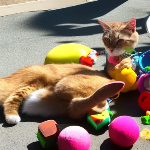 

This image shows a happy, healthy cat lounging in the sun. The cat is surrounded by a variety of toys and treats, suggesting that it is well cared for and has access to plenty of stimulation. The bright colors and happy expression