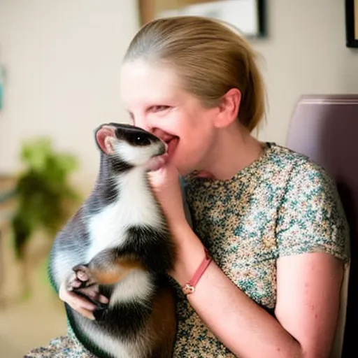 

The image is of a woman sitting in a chair with a ferret perched on her shoulder. She is smiling and looking at the ferret with a loving expression. The woman appears to be whispering secrets to the ferret, demonstrating the bond