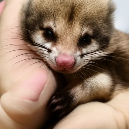 

A photo of a ferret curled up and sleeping in a person's hand. The ferret is a light brown color with a white face and black eyes. The photo conveys the idea that ferrets can be gentle and loving companions,