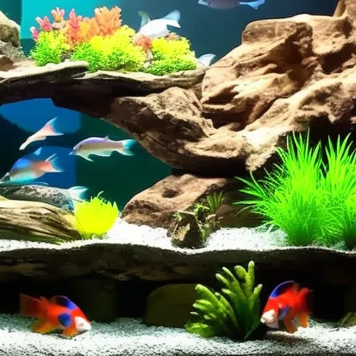 

An image of a freshwater aquarium with a variety of colorful fish swimming around a planted tank with rocks and driftwood. The image illustrates the beauty and variety of freshwater aquariums, and the pros of having a freshwater aquarium for aquarists.