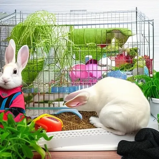 

A picture of a white rabbit sitting in a large, comfortable-looking cage with a variety of toys and accessories, including a hay feeder, a water bottle, and a cozy bed. The cage is surrounded by a variety of plants,