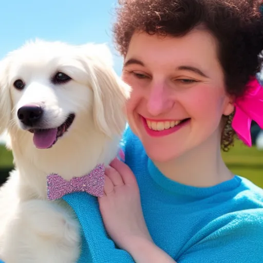 

The image shows a smiling woman hugging a small, fluffy white dog. The woman is wearing a blue shirt and the dog is wearing a pink bow. The background is a bright, sunny day with a clear blue sky. The image conveys