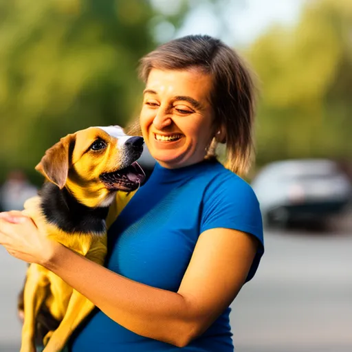 

This image shows a smiling woman holding a small dog in her arms. The dog is looking up at the woman with a content expression. The woman is wearing a bright yellow shirt and has a look of joy and satisfaction on her face. The