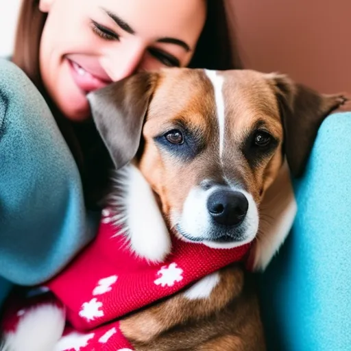 

A picture of a smiling woman cuddling her pet dog on the couch. The woman is wearing a cozy sweater and the dog is wearing a festive bandana. The image conveys the joy and comfort of having a furry friend in one