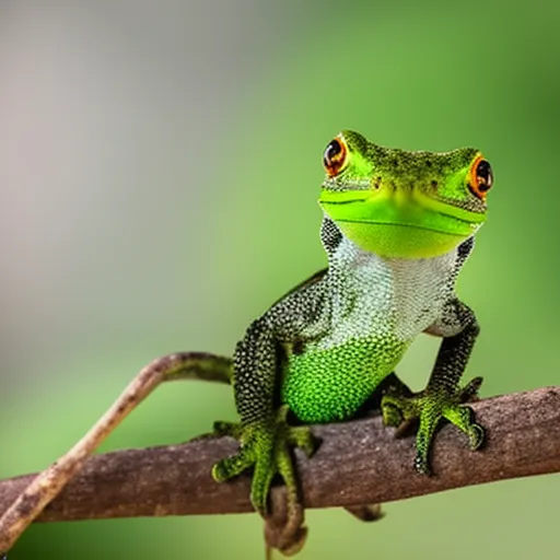 

This image shows a close-up of a gecko perched on a branch, looking directly at the camera. Its bright green scales and yellow eyes stand out against the dark background, making it a captivating sight. This image is perfect to