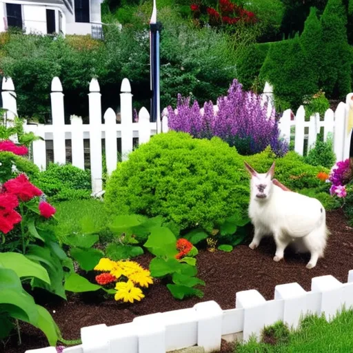 

This image shows a small garden with a white picket fence and a small dwarf goat standing in the middle. The garden is lush and green, with a variety of plants, shrubs, and trees. The goat is surrounded by colorful flowers