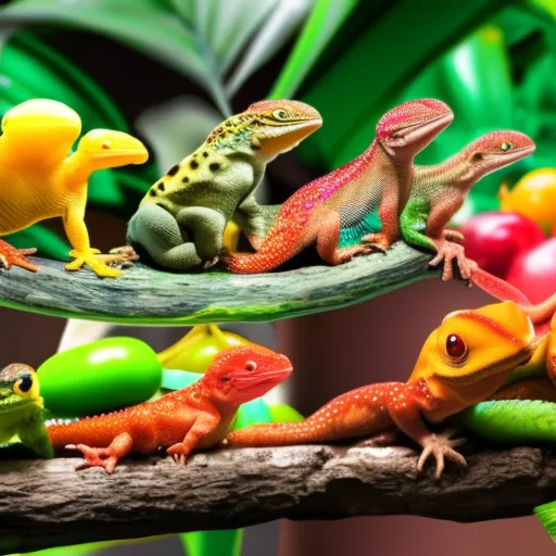 

This image shows a variety of colorful geckos perched on a branch with a variety of fruits and vegetables in the background. The image is a perfect illustration for the article Gourmet Geckos: A Comprehensive Guide to Their Diet and Nutrition