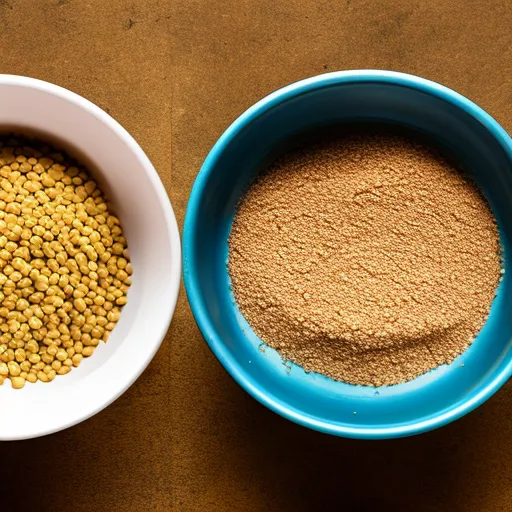 

An image of a bowl of dry kibble and a bowl of wet food side by side, with a measuring cup in the middle. The image illustrates the debate between dry and wet food for pets, showing the two options side by side.