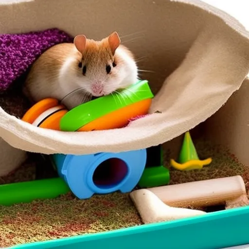 

An image of a cozy hamster habitat, complete with a variety of toys, tunnels, and a wheel, provides a glimpse into the perfect home for a furry friend. The bright colors and fun accessories make it a welcoming and inviting place for