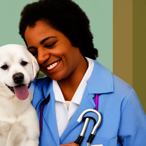 

This image shows a smiling woman holding a small white dog in her arms. The woman is wearing a white lab coat and has a stethoscope around her neck, indicating that she is a veterinarian. The dog looks content and relaxed, suggesting