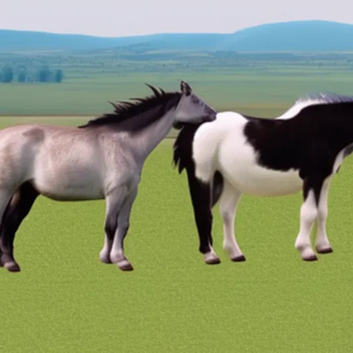 

This image shows a horse and a donkey standing side by side in a grassy field. The horse has a white coat and a long, flowing mane, while the donkey has a gray coat and a short, stubby mane.