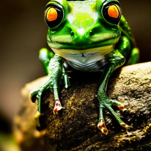 

This image shows a close-up of a small green frog perched on a rock, looking directly at the camera with its big eyes. The frog's vibrant green color and its alert expression give the impression of a curious and lively creature, inviting