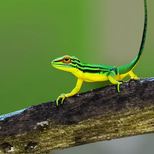 

This image shows a small, colorful lizard perched on a branch. It has a bright green body with yellow and black stripes, and its eyes are wide open with curiosity. The lizard is an example of one of the many mini lizard species that