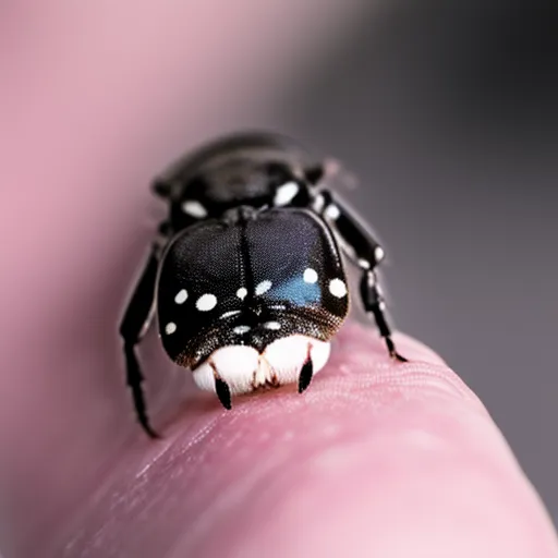 

A close-up photo of a small, black-and-white beetle, commonly known as a "love bug", perched on a finger. The beetle's antennae and legs are clearly visible, emphasizing the importance of pet parasite prevention.