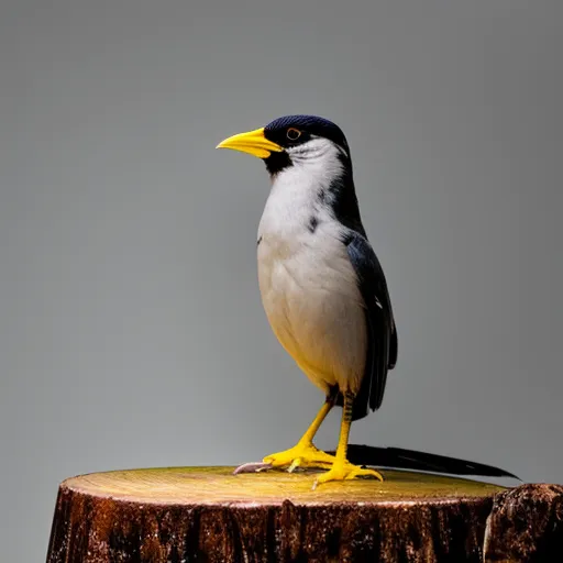 

This image shows a mynah bird perched atop a wooden perch in a brightly lit room. The mynah is a beautiful black and white bird with a yellow beak, and its feathers are ruffled in a contented manner.