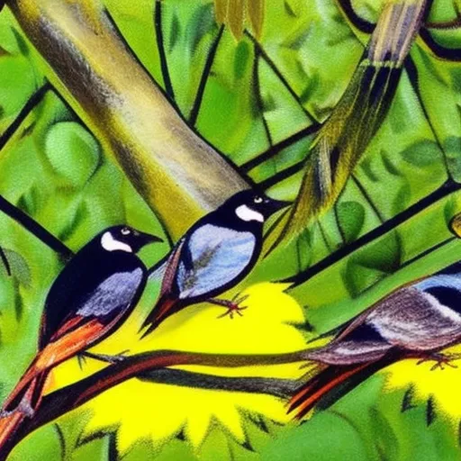 

The image shows a group of colorful mynah birds perched on a branch in a tree. The birds have bright yellow and black feathers and are looking around curiously. The background is a lush green forest, suggesting a natural habitat for the birds.