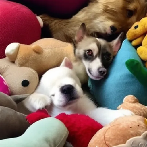 

The image shows a small white dog lying on a bed of plush toys, surrounded by a variety of colorful stuffed animals. The dog appears content and relaxed, enjoying the luxurious comfort of its toy-filled bed. The image conveys the idea