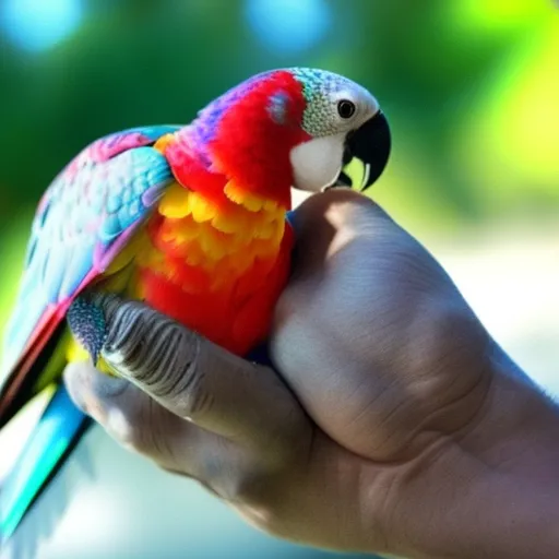 

This image shows a colorful parrot perched on a person's arm, looking content and relaxed. The parrot's bright feathers and the person's gentle smile suggest that they have a strong bond of trust and friendship. This image is a perfect
