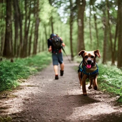 

An image of a happy dog and its owner exploring a wooded area together, both wearing backpacks. The dog is wearing a harness and is looking excitedly ahead.