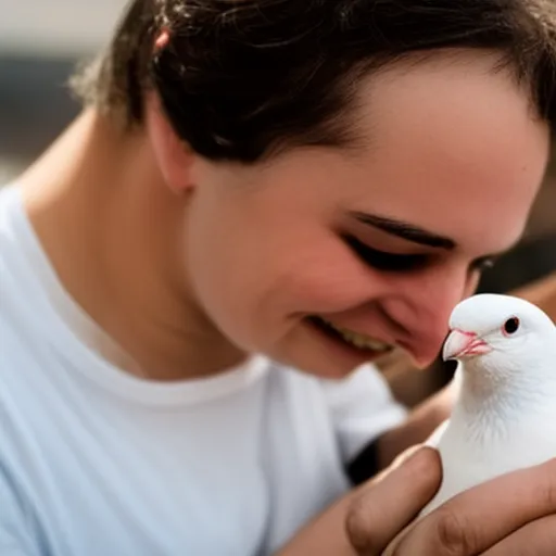 

A photo of a person lovingly cradling a white pigeon in their hands. The bird is looking up at the person with its bright eyes, and the person is smiling down at it with a look of adoration. The image captures