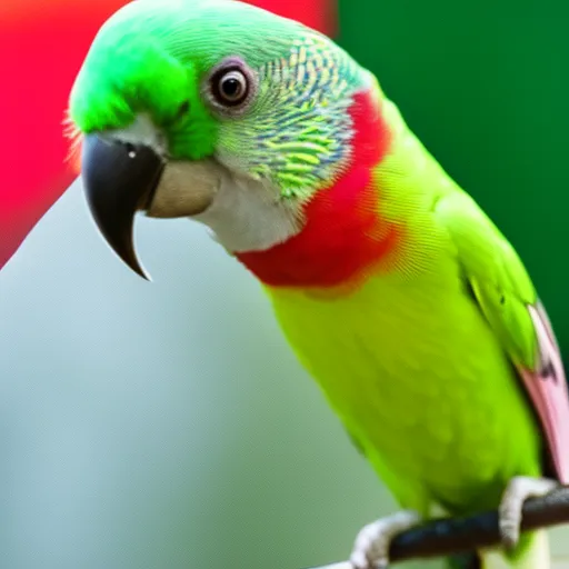 

An image of a cheerful parakeet perched on a person's finger, surrounded by a vibrant green background. The parakeet is looking directly at the camera, its bright colors and cheerful expression conveying a sense of joy and companionship