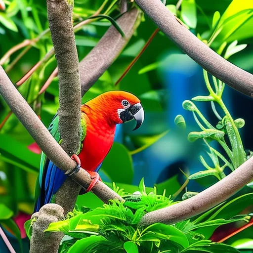 

A photo of a brightly colored parrot perched on a branch in a lush, green garden. The parrot is surrounded by a variety of plants and flowers, providing a vibrant and inviting environment for the bird to explore and enjoy.