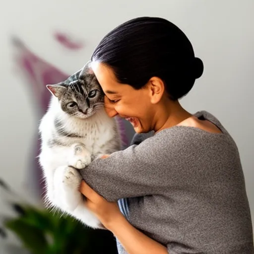 

This image shows a smiling woman holding a white and grey tabby cat in her arms. The woman looks content and happy, and the cat appears to be purring in her arms. The image illustrates the joy and satisfaction of finding the perfect