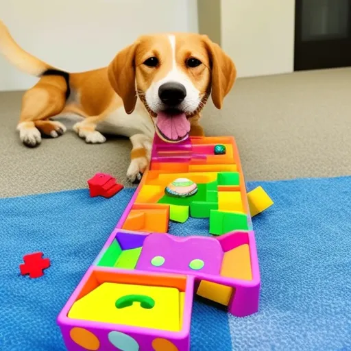 

The image shows a dog happily playing with a colorful puzzle toy. The toy is made up of several compartments, each containing a treat that the dog must figure out how to get out. The image illustrates how puzzle toys can be used to