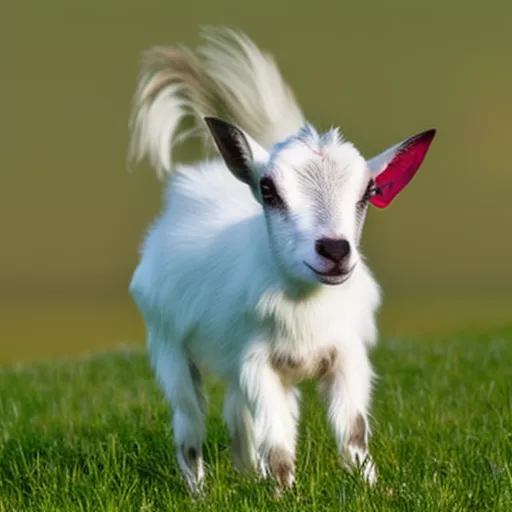 

This image shows a small, white goat with a friendly expression, standing in a grassy field. The goat is wearing a colorful collar and its fur is soft and fluffy. The image conveys the idea that pygmy goats can be