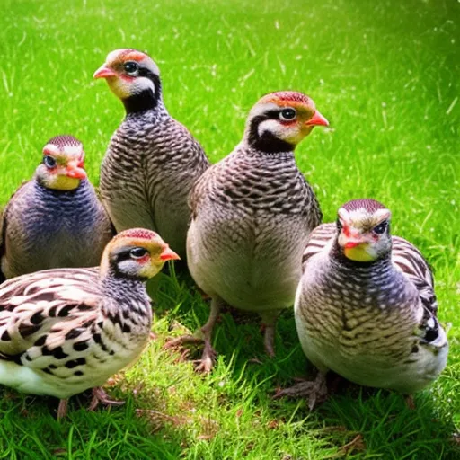 

An image of a family of quails in a grassy meadow, with two adults and four chicks, all looking up at the camera. The quails are a charming sight, with their bright eyes, soft feathers, and curious expressions