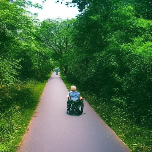 

A photo of a person in a wheelchair slowly making their way up a long, winding path. The person is surrounded by lush green trees and a bright blue sky, showing the beauty of nature and the hope of a new beginning. The image
