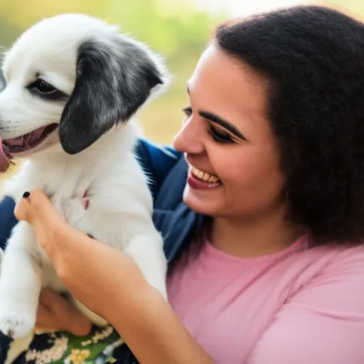 

The image shows a smiling woman holding a small, white puppy in her arms. The puppy is looking up at the woman with love and adoration, while the woman is looking down at the puppy with a look of joy and contentment.