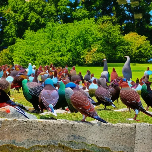 

This image shows a group of people gathered around a flock of colorful rock pigeons in a park. The vibrant colors of the birds stand out against the green grass and blue sky, creating an eye-catching scene. The people in the image