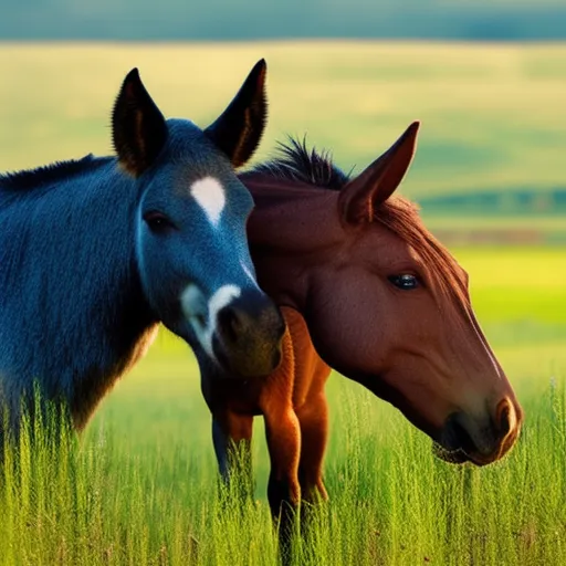 

The image shows two equines, a horse and a donkey, standing side by side in a field of tall grass. The two animals are looking at each other, their faces close together, as if they are sharing a moment of understanding and