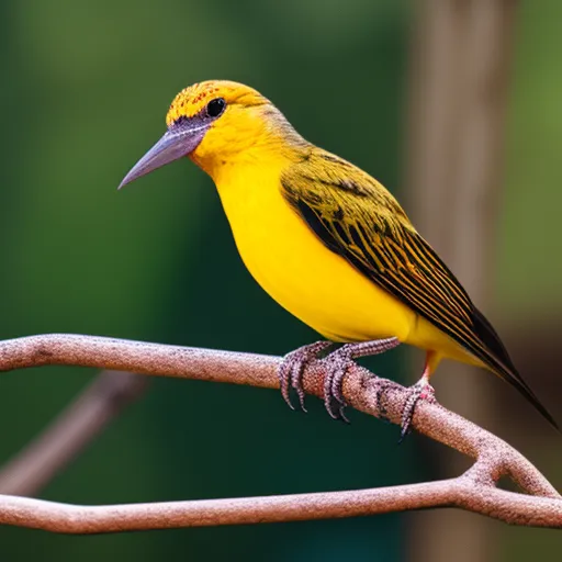 

This image shows a bright yellow bird perched on a branch, looking directly at the camera with its beak open as if it is about to speak. The bird's vibrant colors and inquisitive expression suggest that it is a very talkative